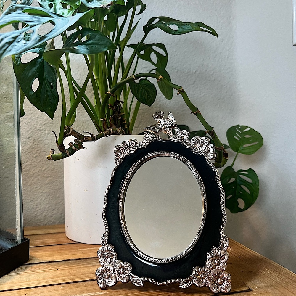 VTG Silver Black Mirror/Photo Frame Birds/Floral